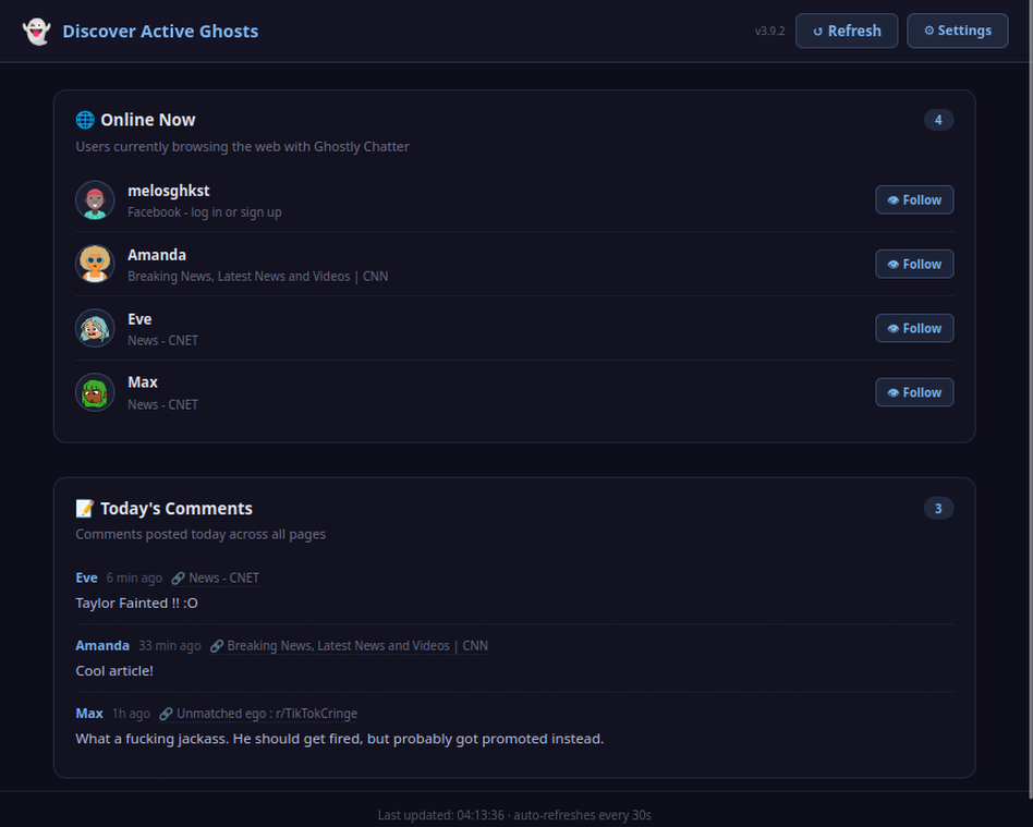 Ghostly Chatter active ghosts page showing user activity and presence