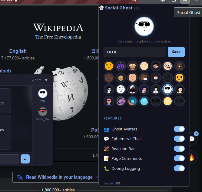 Ghostly Chatter settings page for customising your ghost experience