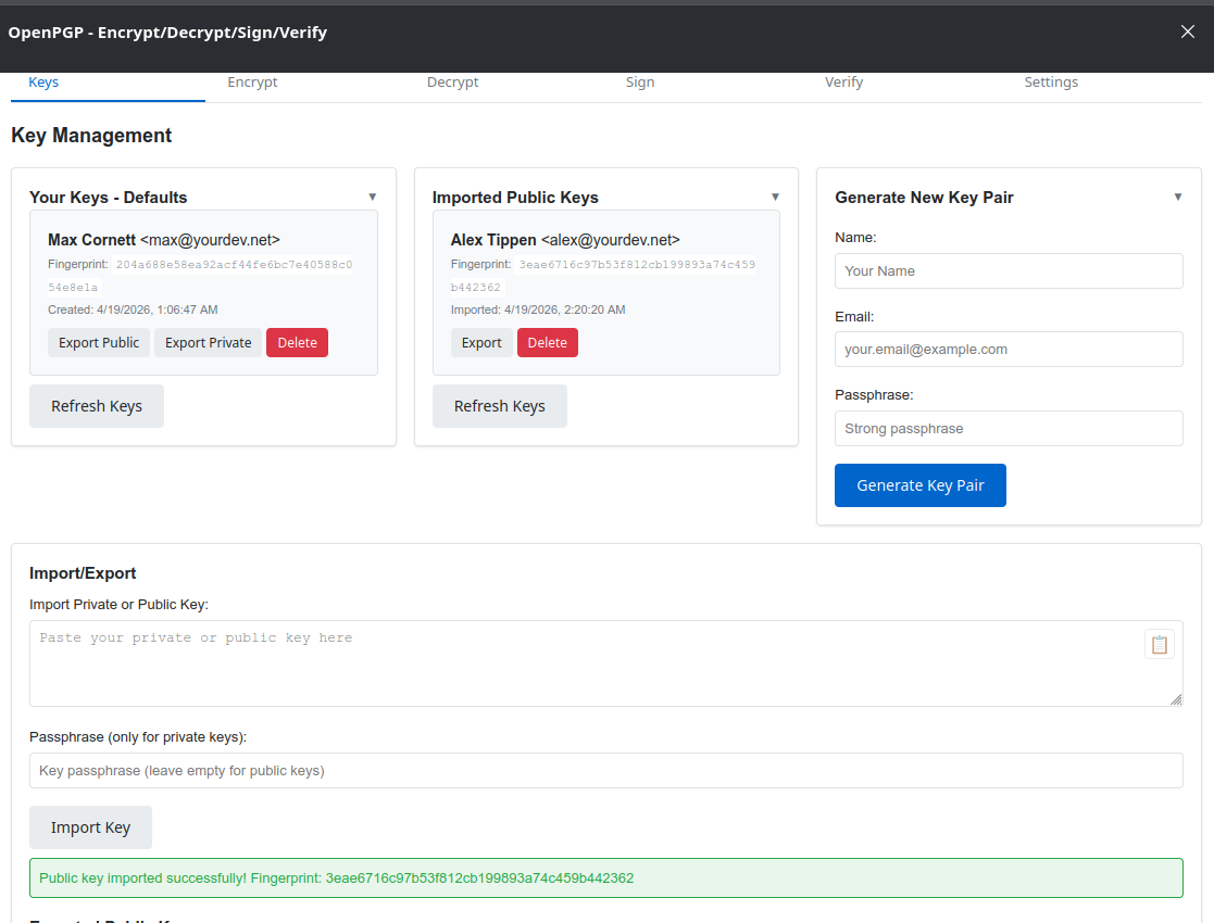 OpenPGP extension key management panel showing Generate Key, Import and Export options