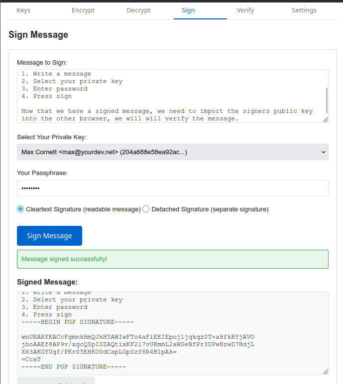 OpenPGP extension sign message panel, compose message and sign with your private key