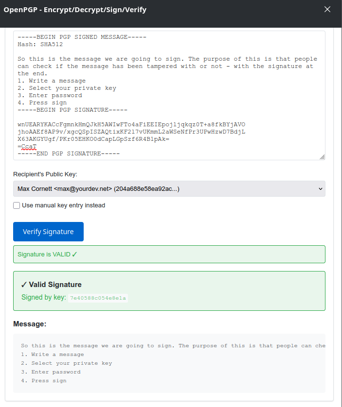 OpenPGP extension verify signature panel using the signer's public key